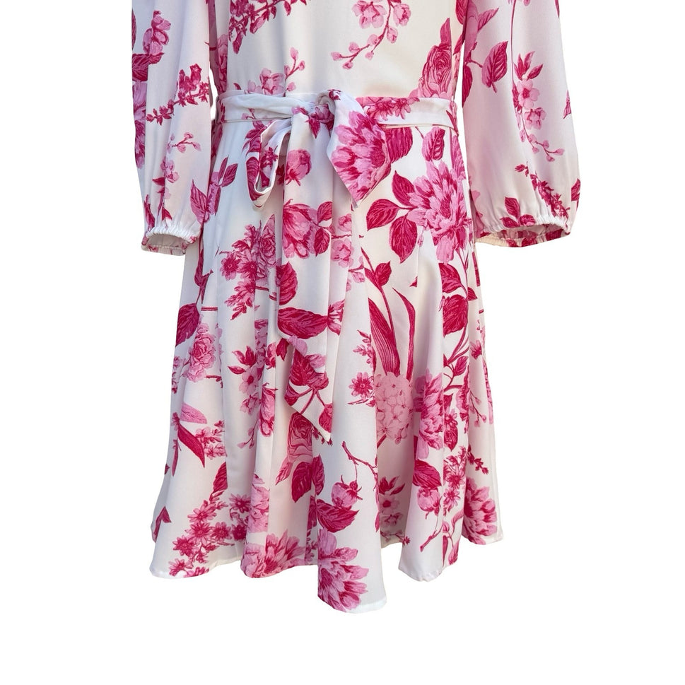 Sugarlips Pink Floral Long Balloon Sleeve Mini Dress White Tie Waist NWT Size S