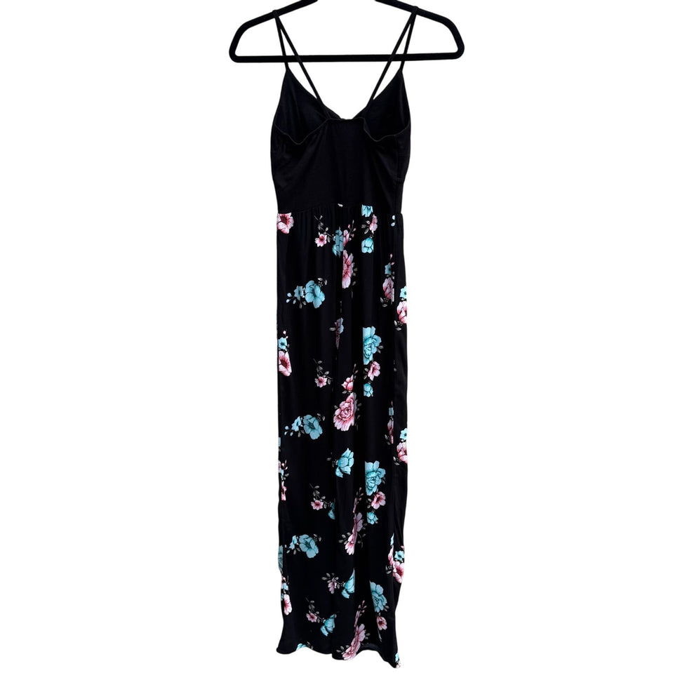 Y2K Black Floral Festival Sleeveless Spaghetti Straps Knot Detail Flowy Jumpsuit