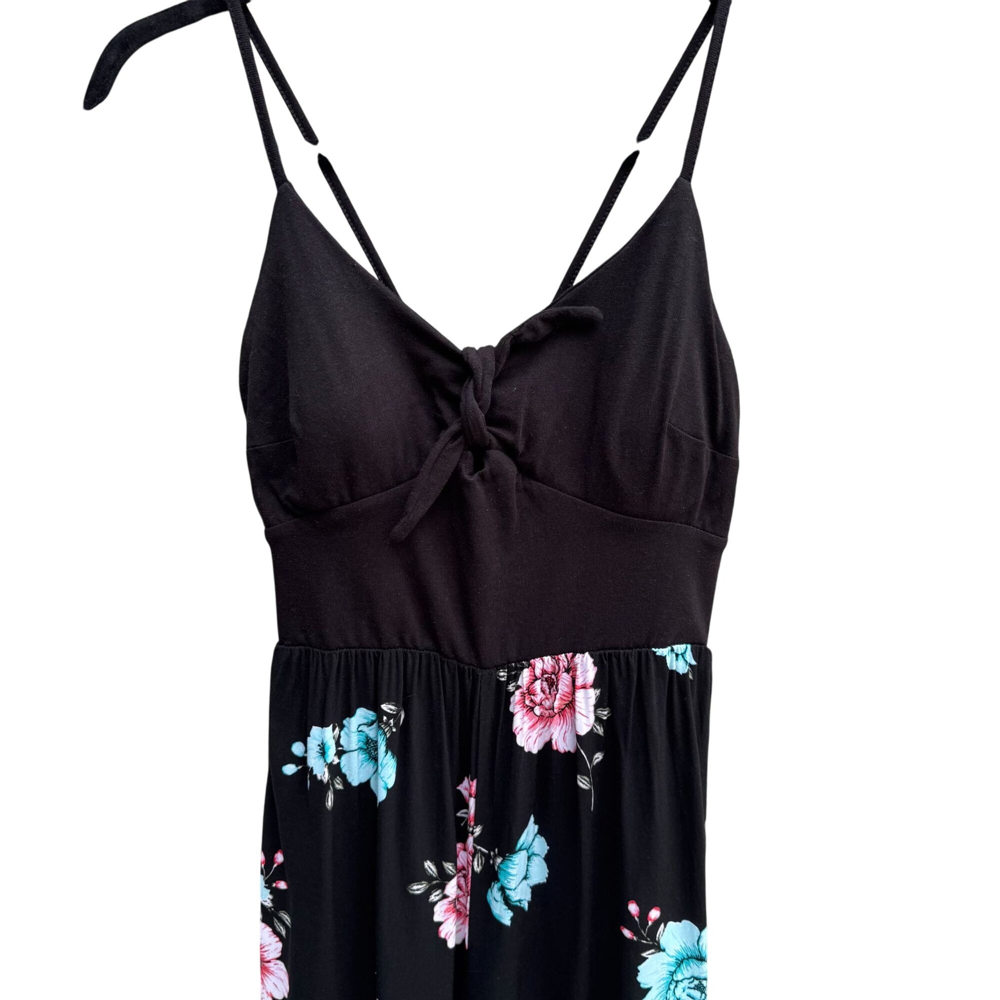 Y2K Black Floral Festival Sleeveless Spaghetti Straps Knot Detail Flowy Jumpsuit