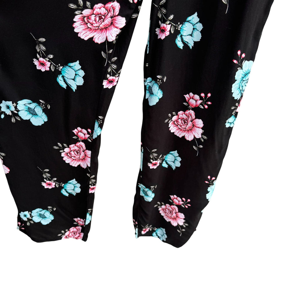 Y2K Black Floral Festival Sleeveless Spaghetti Straps Knot Detail Flowy Jumpsuit