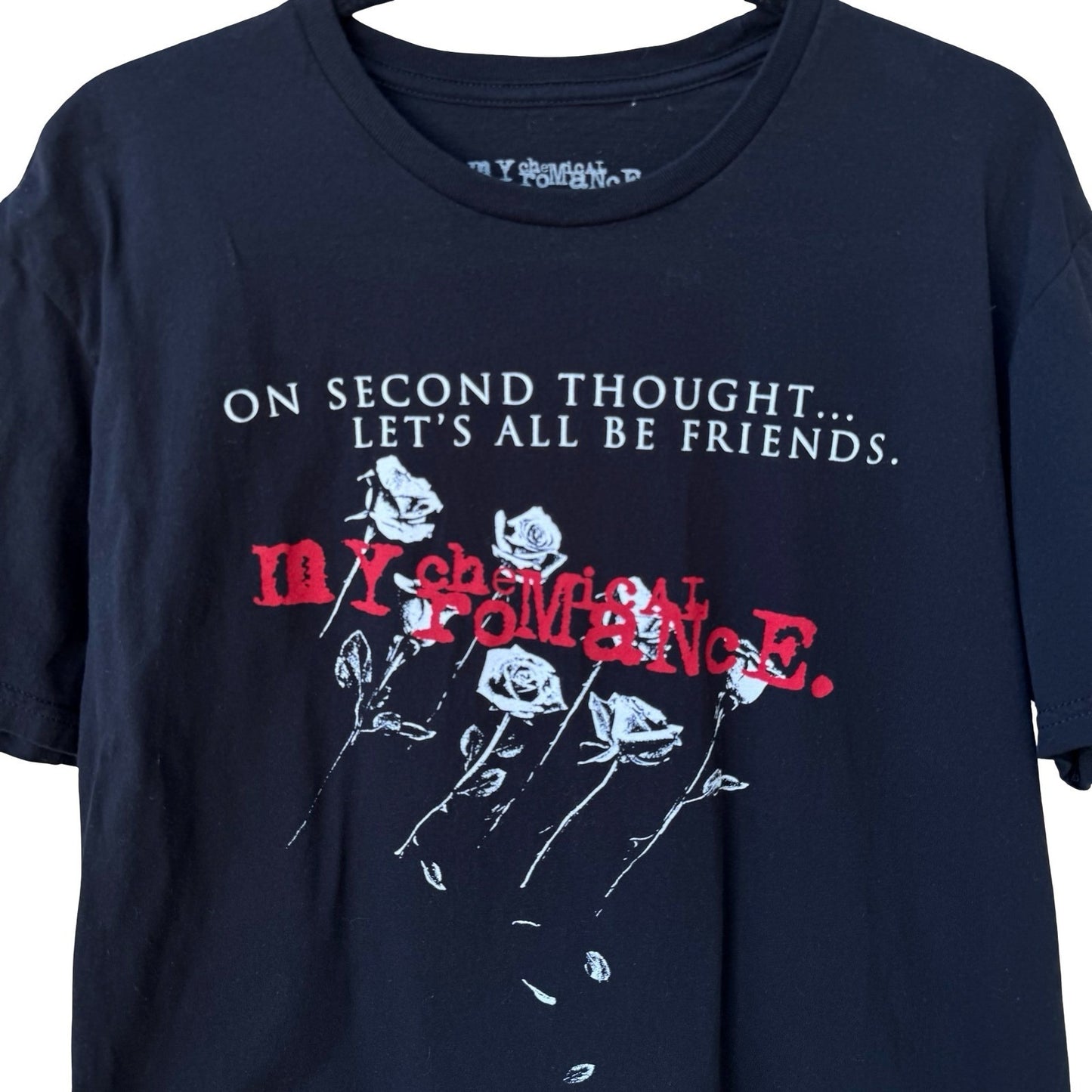 My Chemical Romance MCR Black Graphic T-Shirt Let's All Be Friends Roses L Emo