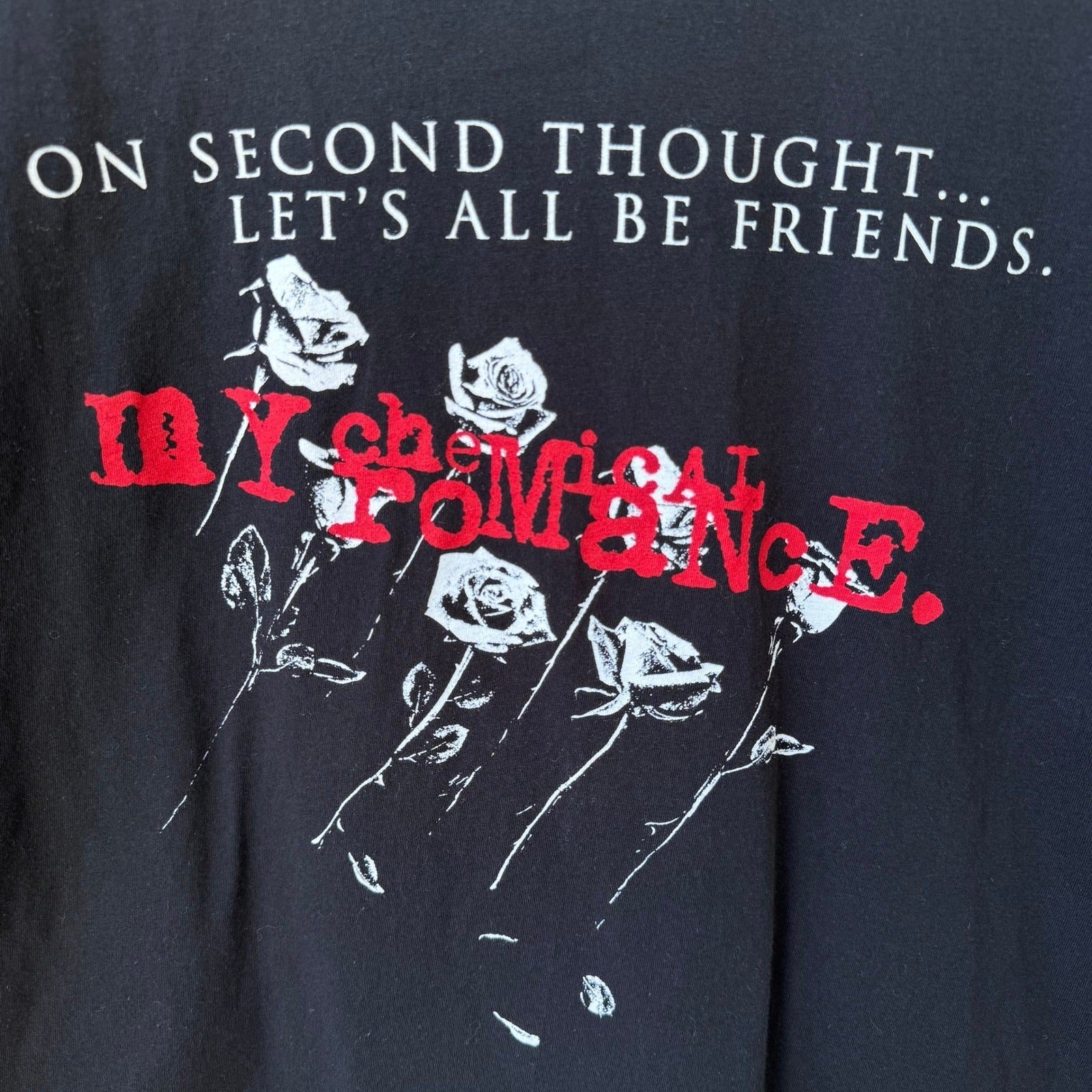 My Chemical Romance MCR Black Graphic T-Shirt Let's All Be Friends Roses L Emo