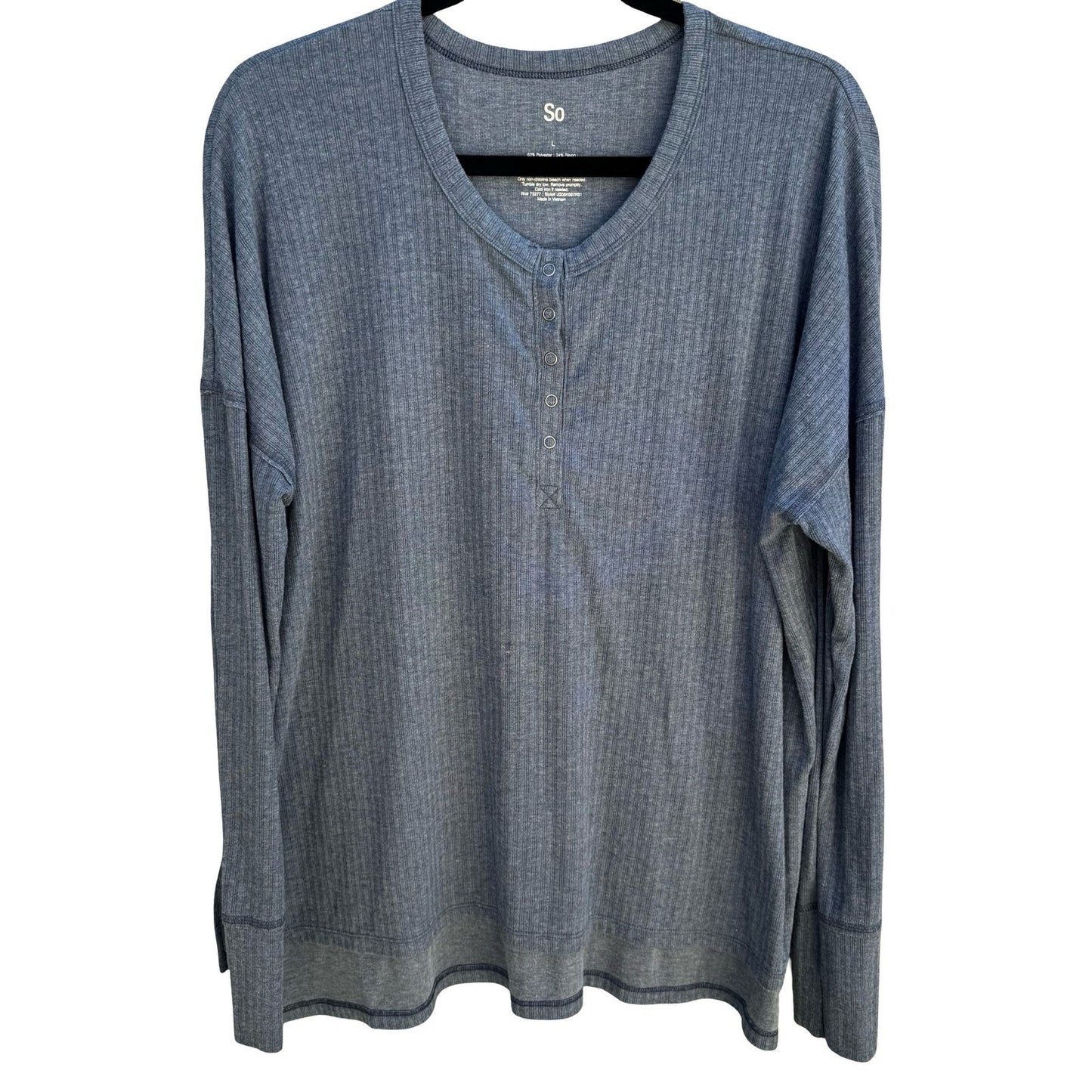 So Ribbed Henley Top Minimalist Snap Button Loungewear Layering Weekend Blue L