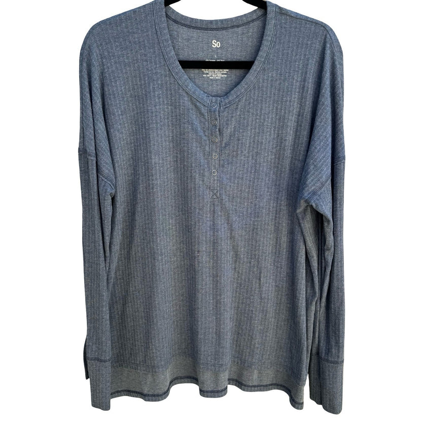 So Ribbed Henley Top Minimalist Snap Button Loungewear Layering Weekend Blue L