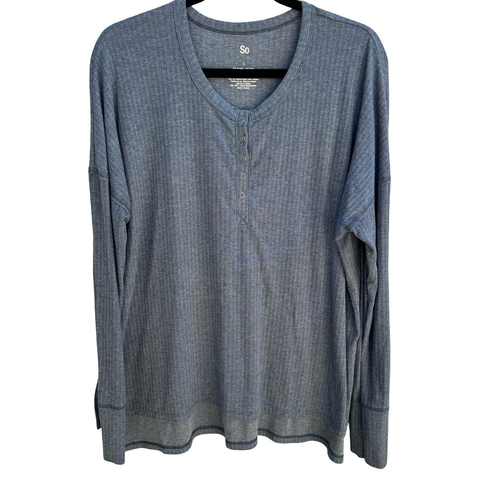 So Ribbed Henley Top Minimalist Snap Button Loungewear Layering Weekend Blue L