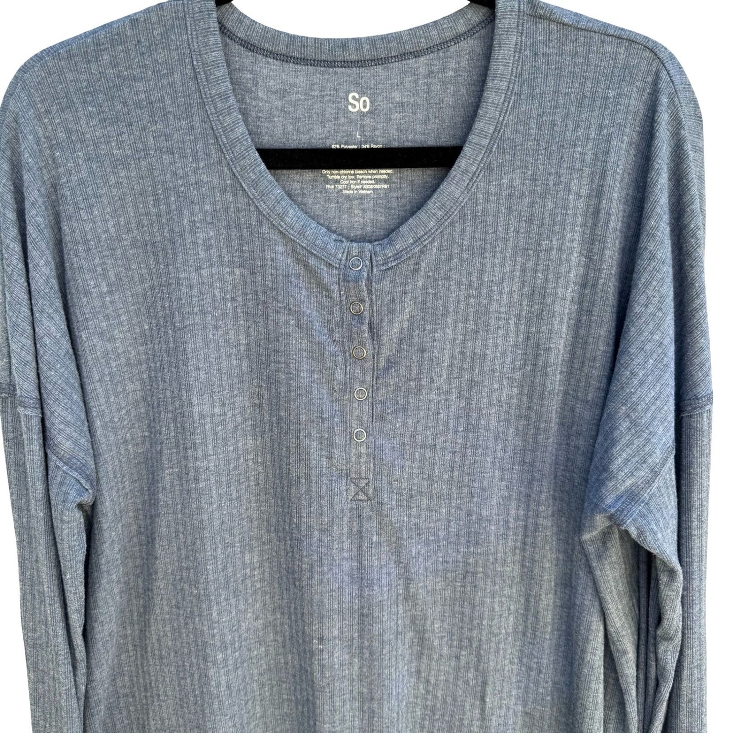 So Ribbed Henley Top Minimalist Snap Button Loungewear Layering Weekend Blue L