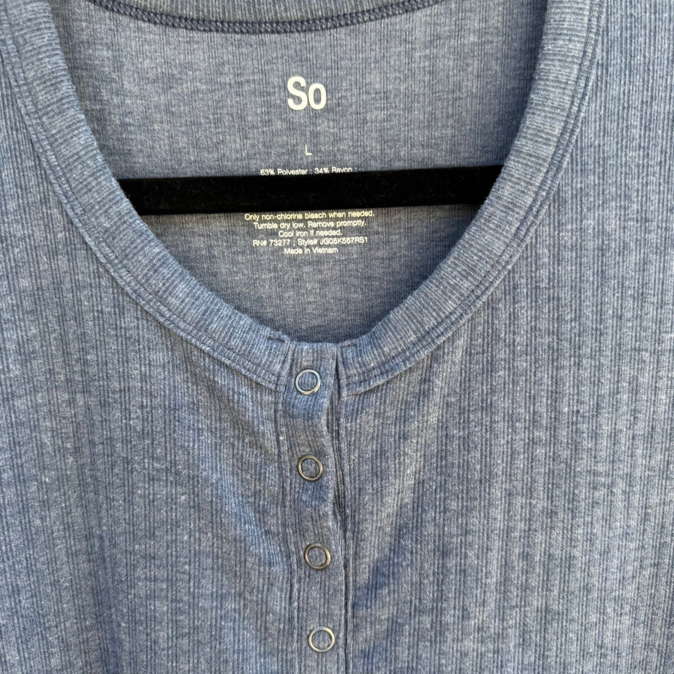 So Ribbed Henley Top Minimalist Snap Button Loungewear Layering Weekend Blue L