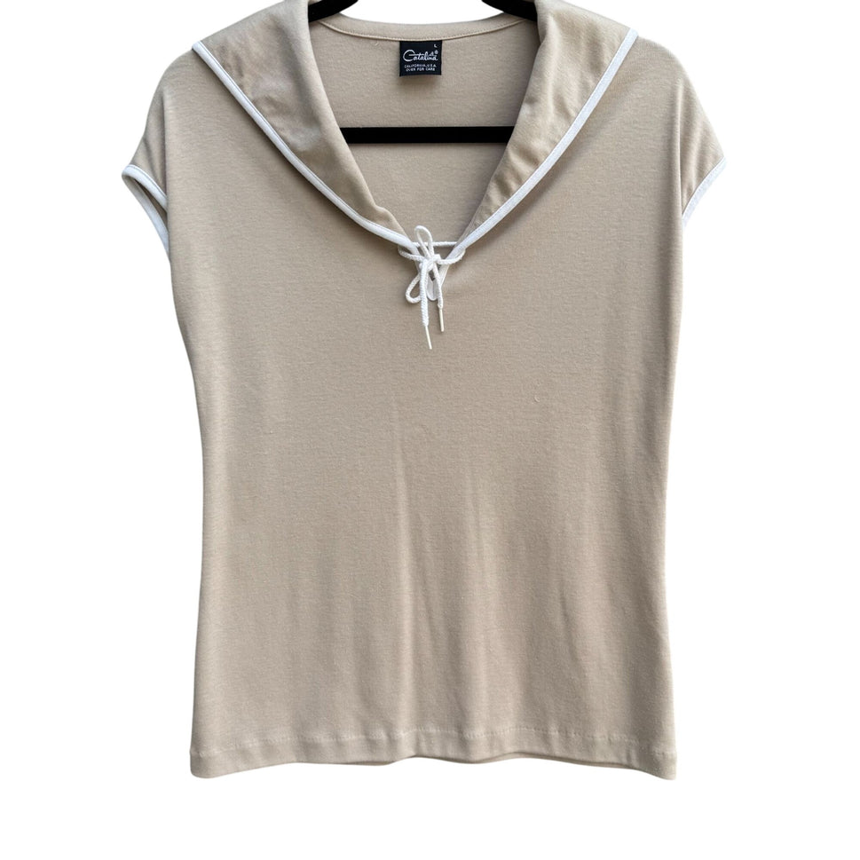 Catalina Vintage 60s 70s Womens Tan Sailor Collar Sleeveless Nautical Shirt L