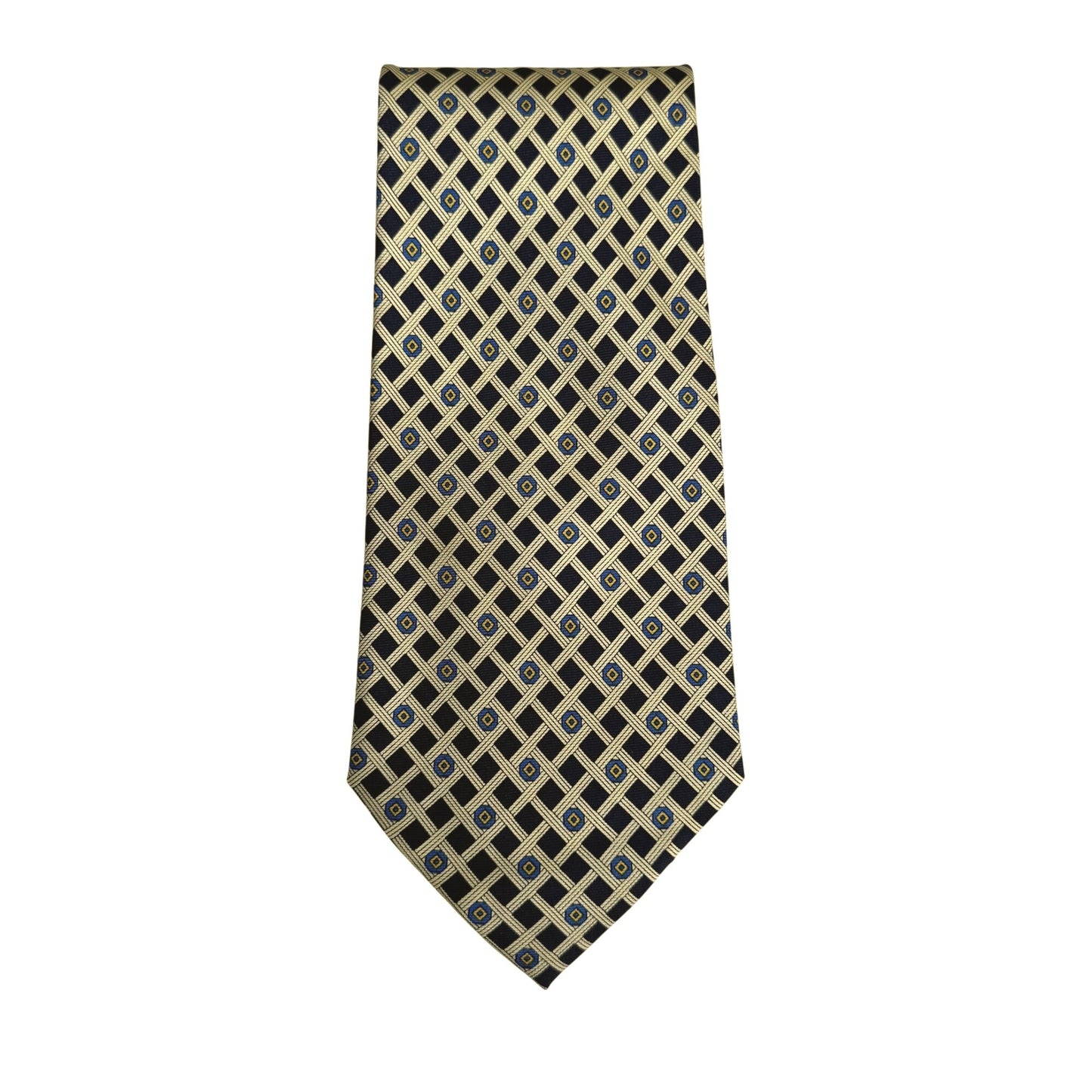 Handmade Vintage 100% Silk Geometric Pattern Navy Gold Preppy Formal Tie Necktie