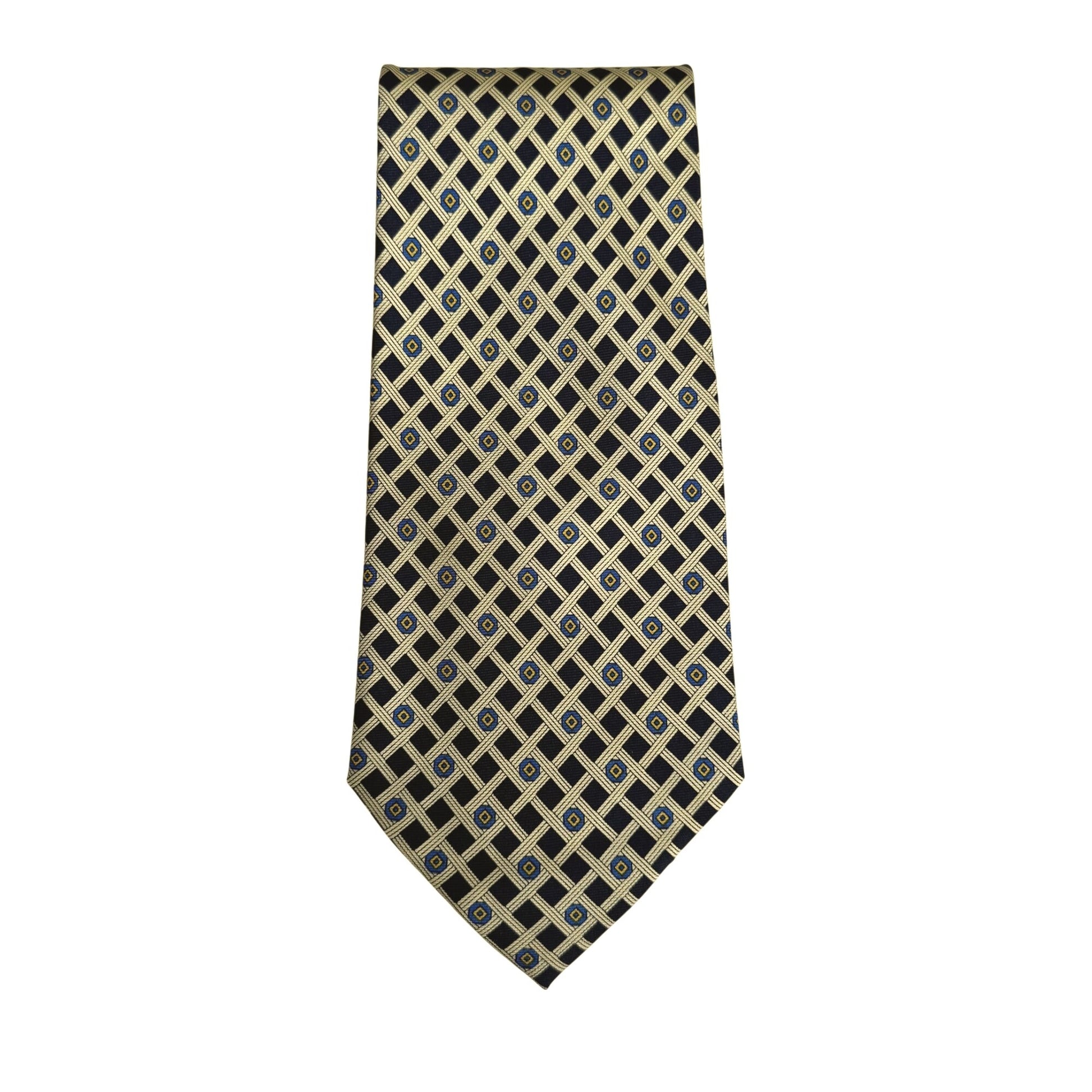 Handmade Vintage 100% Silk Geometric Pattern Navy Gold Preppy Formal Tie Necktie