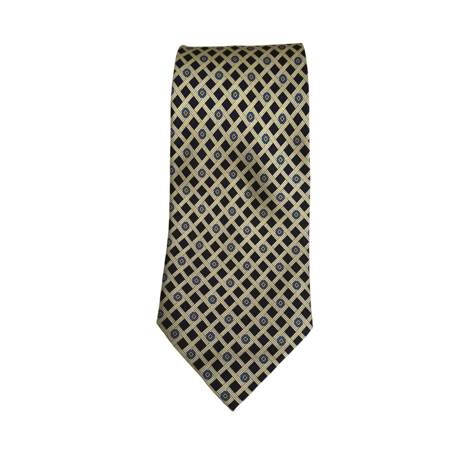 Handmade Vintage 100% Silk Geometric Pattern Navy Gold Preppy Formal Tie Necktie