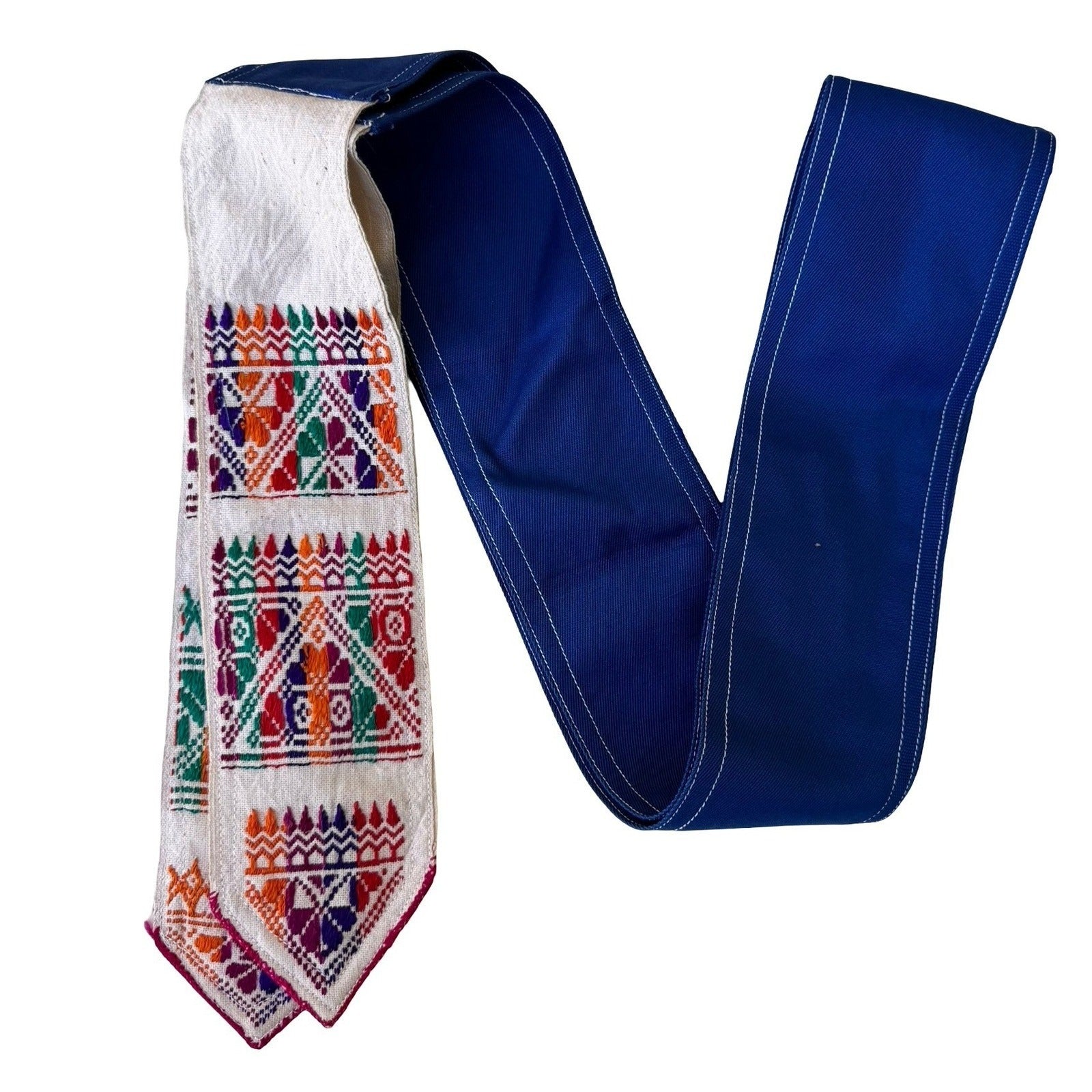 Hand Embroidered Huipil Mayan Geometric Folk Art Sash Belt Blue Boho Tribal