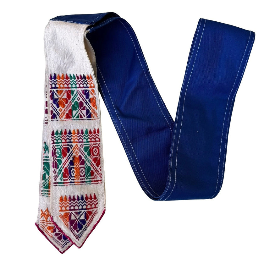 Hand Embroidered Huipil Mayan Geometric Folk Art Sash Belt Blue Boho Tribal