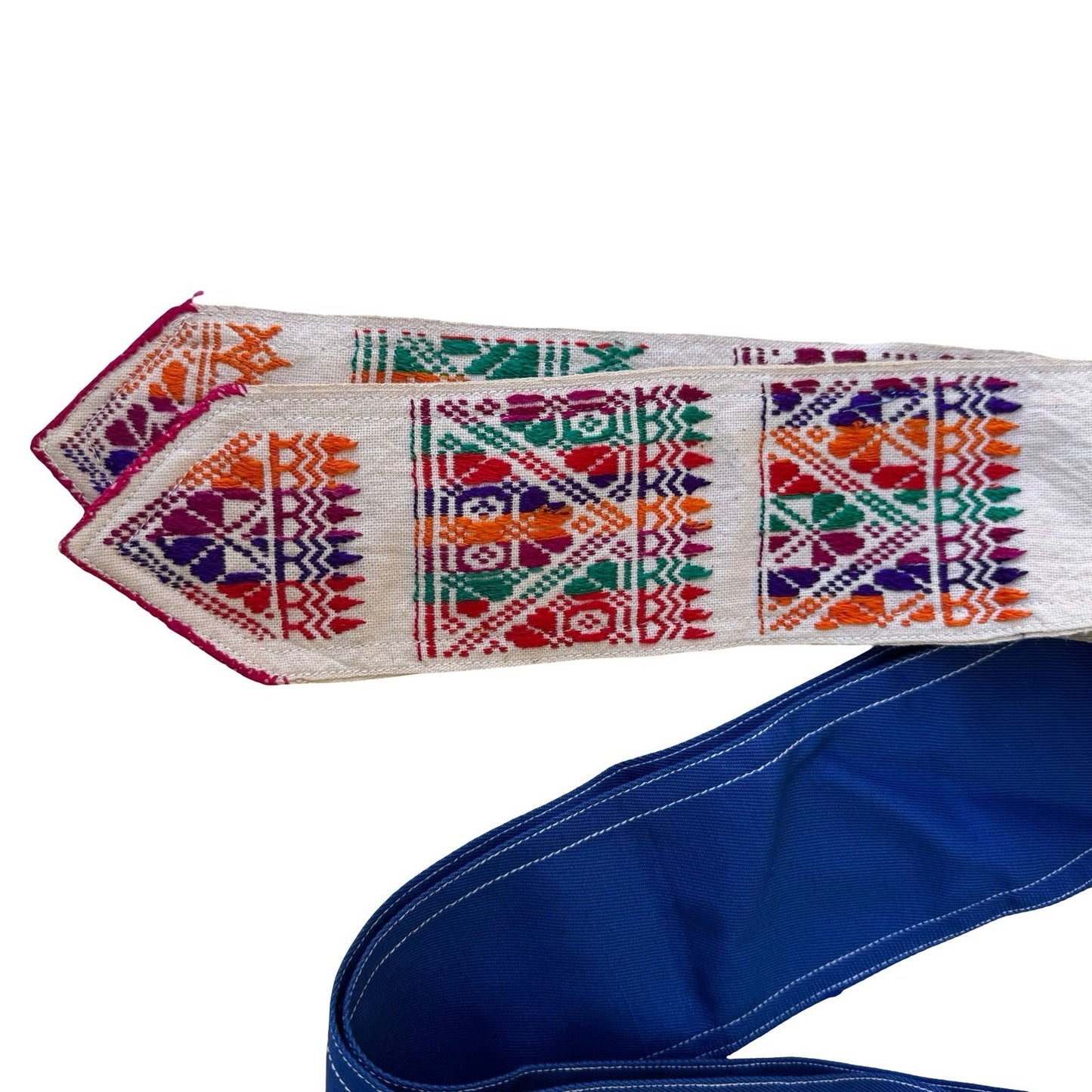Hand Embroidered Huipil Mayan Geometric Folk Art Sash Belt Blue Boho Tribal