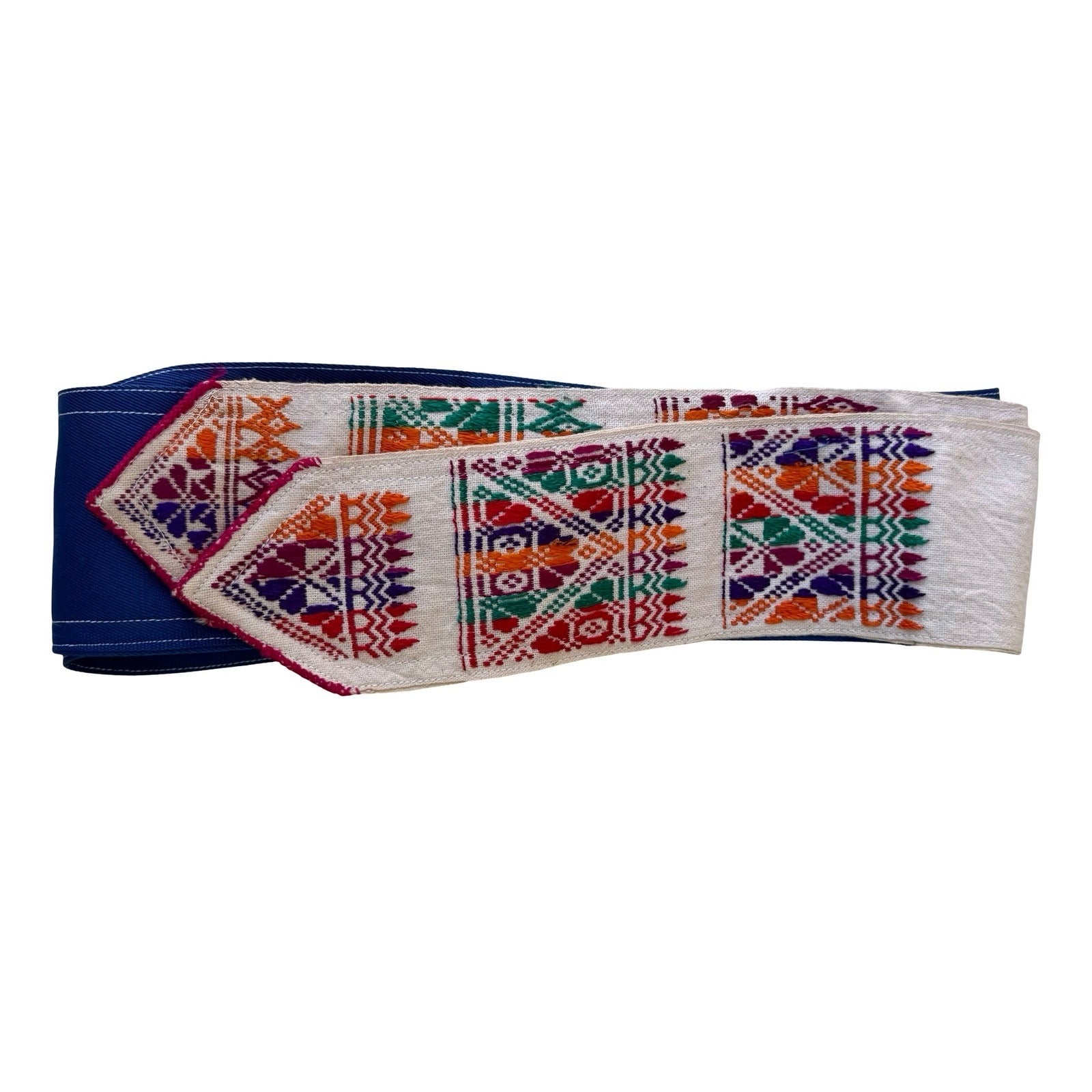 Hand Embroidered Huipil Mayan Geometric Folk Art Sash Belt Blue Boho Tribal