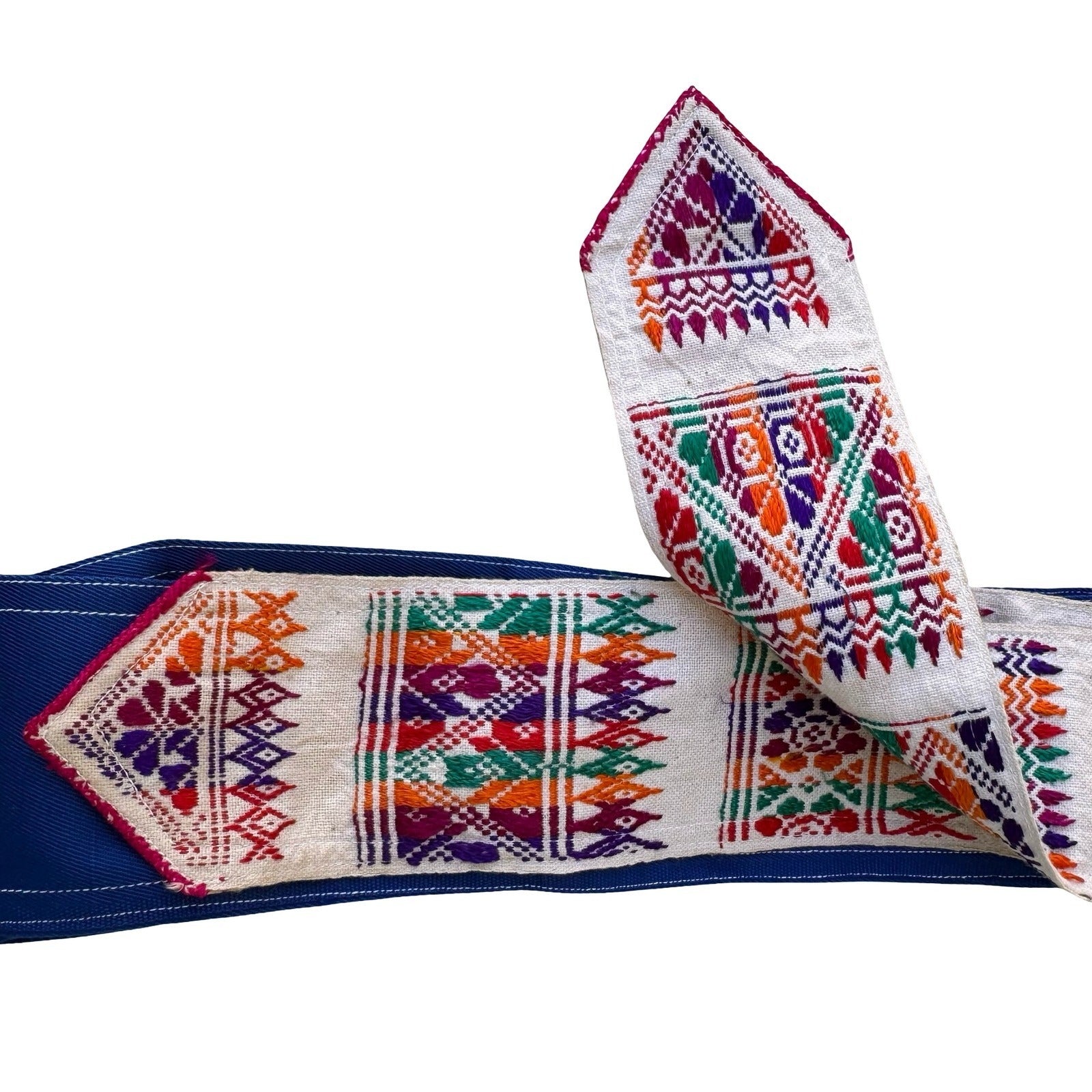 Hand Embroidered Huipil Mayan Geometric Folk Art Sash Belt Blue Boho Tribal