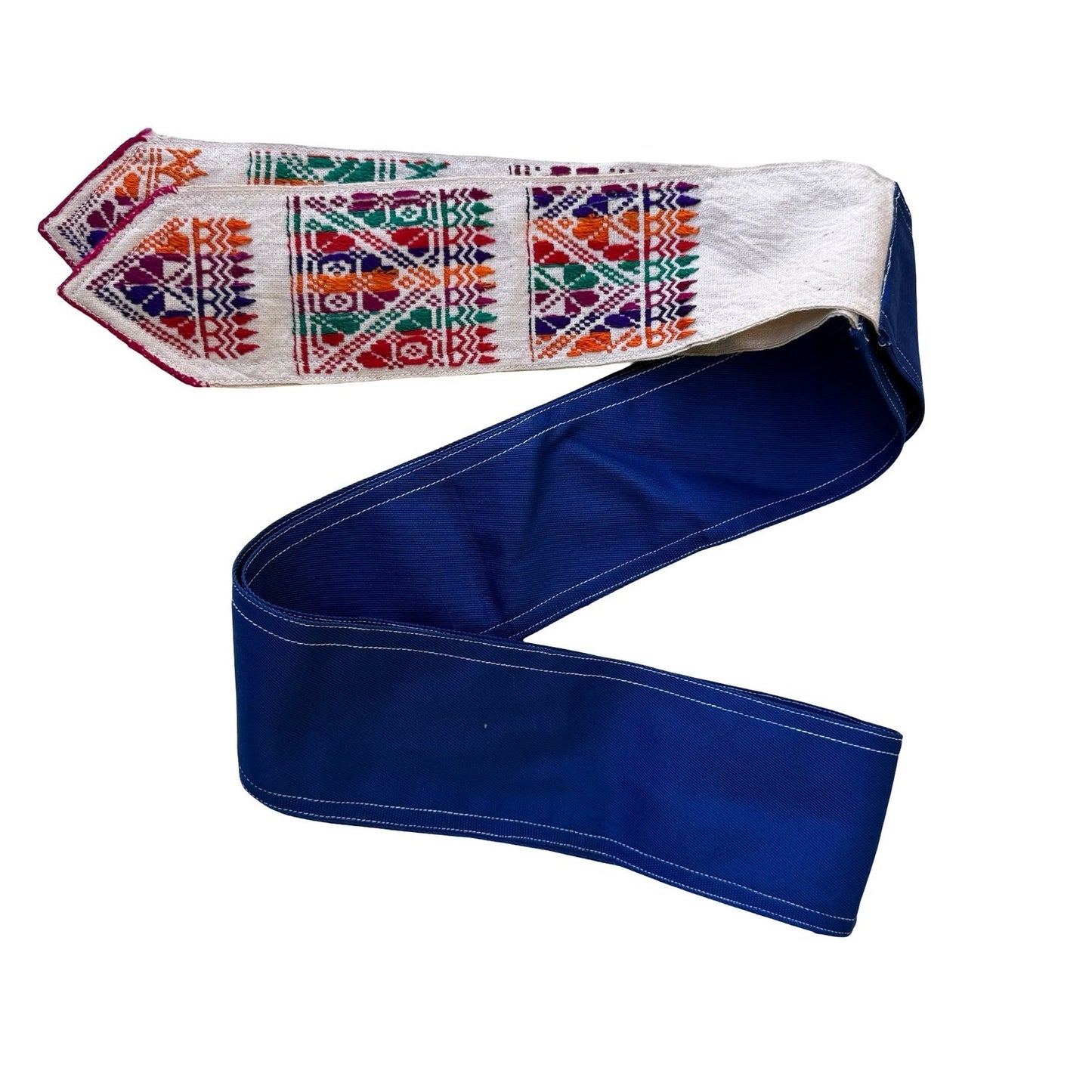 Hand Embroidered Huipil Mayan Geometric Folk Art Sash Belt Blue Boho Tribal