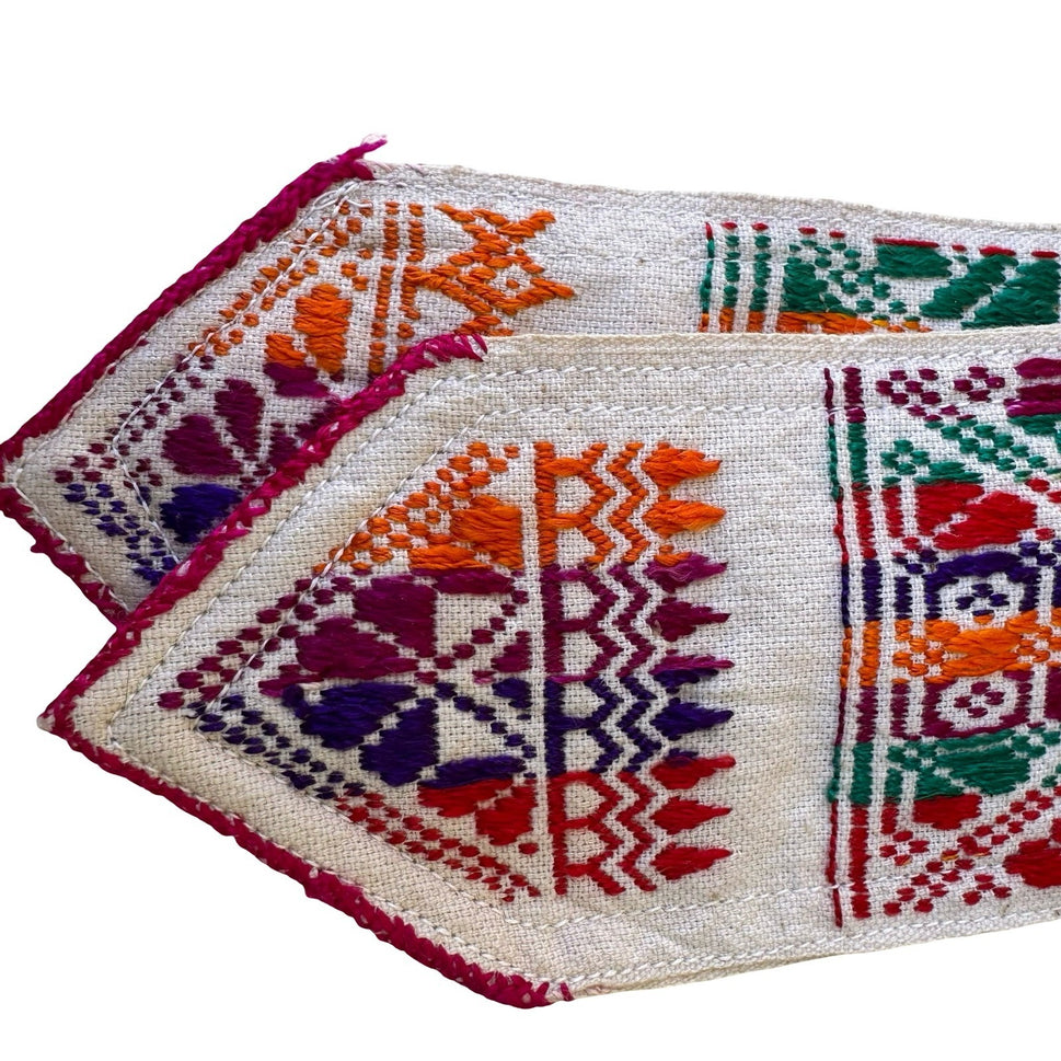 Hand Embroidered Huipil Mayan Geometric Folk Art Sash Belt Blue Boho Tribal