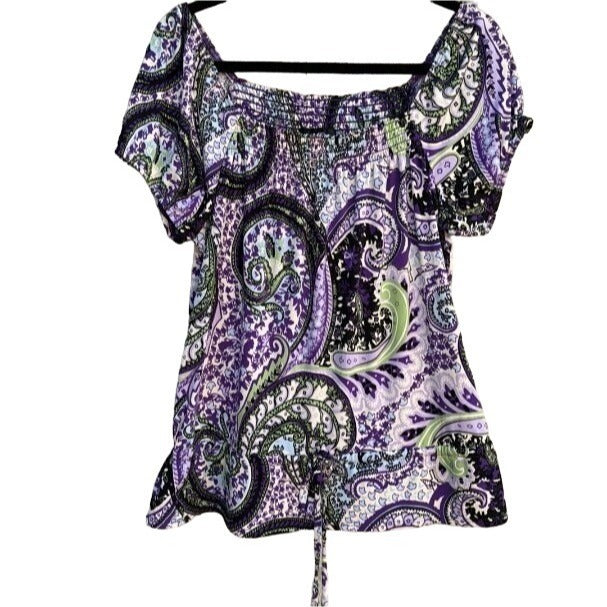 AGB Women's Purple Paisley Tie Waist Smock Neck Off Shoulder Shirt Blouse Top