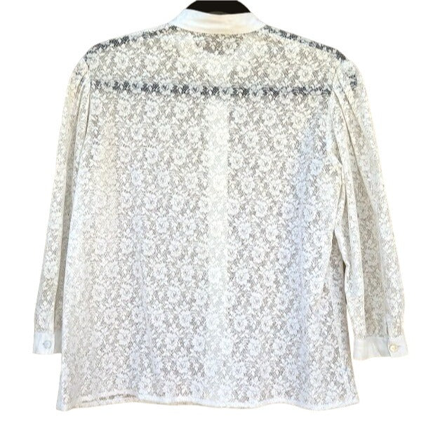 Floral Lace Vintage Semi Sheer Nehru Collar Pleated Shoulder Long Sleeve Blouse