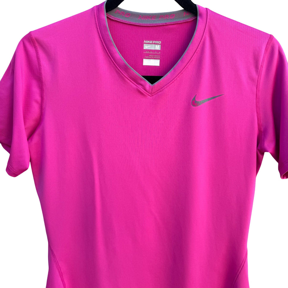 Nike Pro Womens Pink Workout V-Neck Dri-Fit Compression Athletic Workout Shirt M