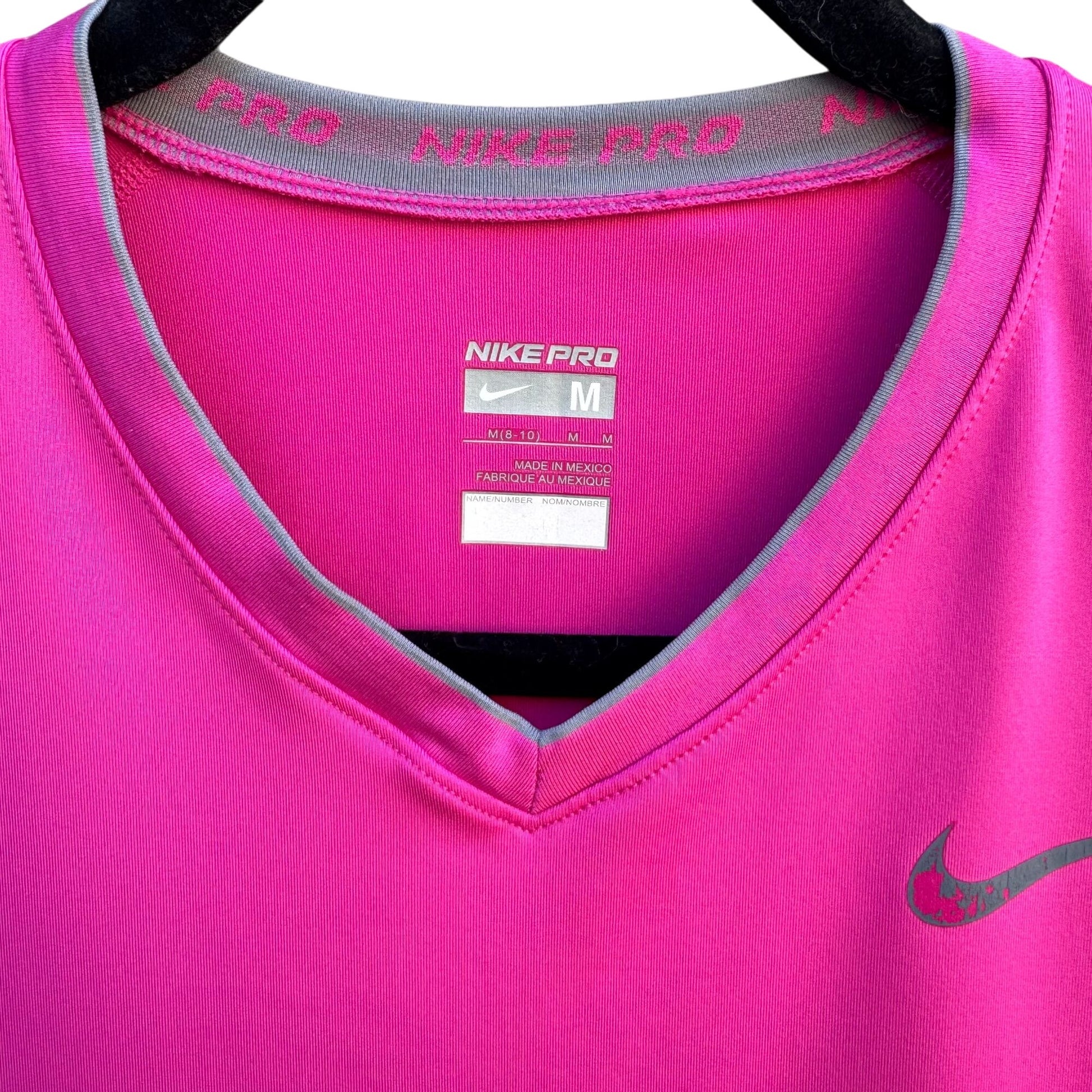 Nike Pro Womens Pink Workout V-Neck Dri-Fit Compression Athletic Workout Shirt M