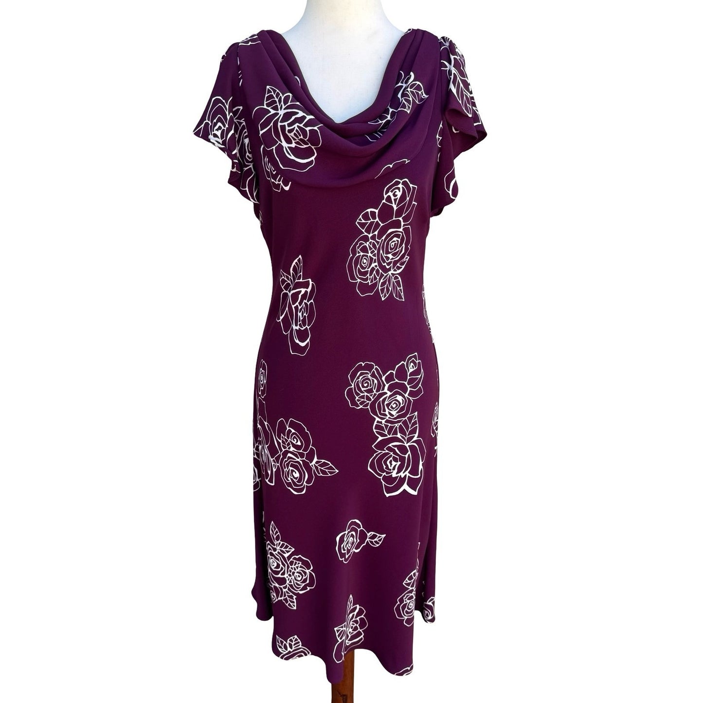 SL Fashions Vintage Purple Floral Rose Cowl Neck Midi Dress Womens 10 Romantic