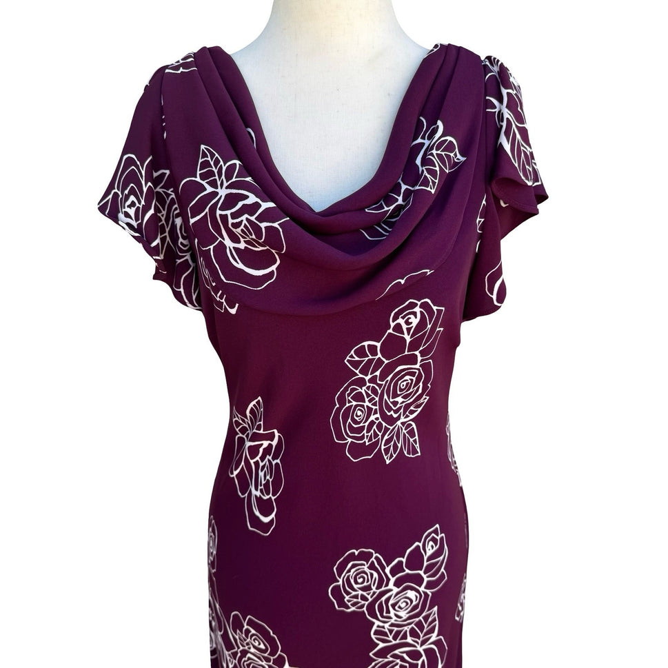 SL Fashions Vintage Purple Floral Rose Cowl Neck Midi Dress Womens 10 Romantic