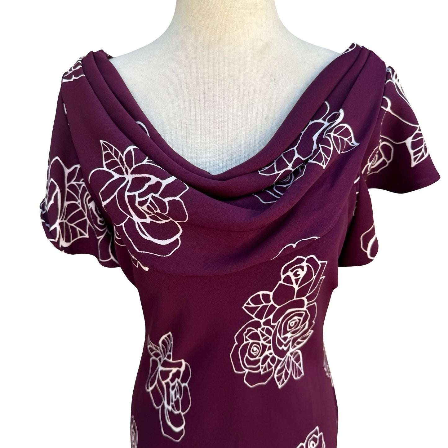 SL Fashions Vintage Purple Floral Rose Cowl Neck Midi Dress Womens 10 Romantic