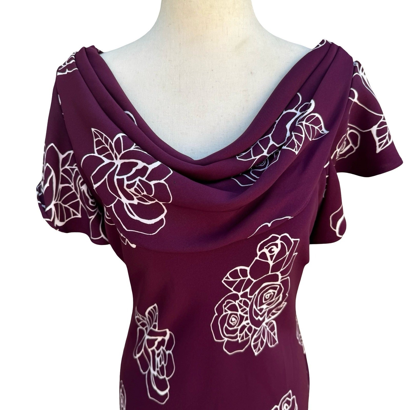 SL Fashions Vintage Purple Floral Rose Cowl Neck Midi Dress Womens 10 Romantic