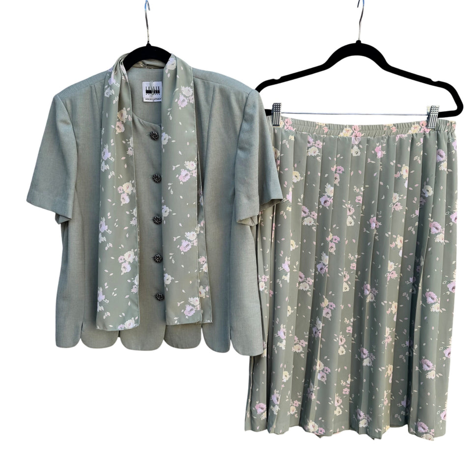 Leslie Fay Vintage Womens Green Floral Scalloped Blazer Flowy Skirt Scarf Suit 14