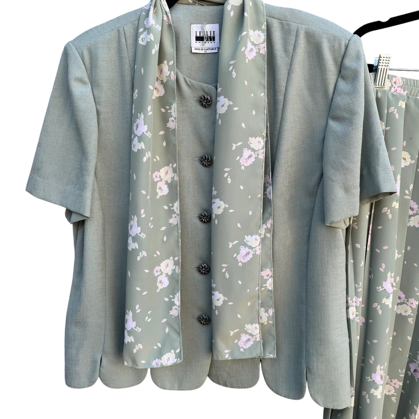 Leslie Fay Vintage Womens Green Floral Scalloped Blazer Flowy Skirt Scarf Suit 14