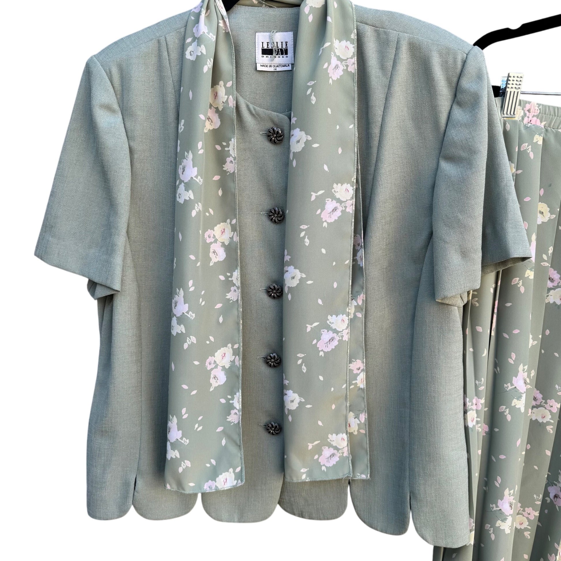 Leslie Fay Vintage Womens Green Floral Scalloped Blazer Flowy Skirt Scarf Suit 14