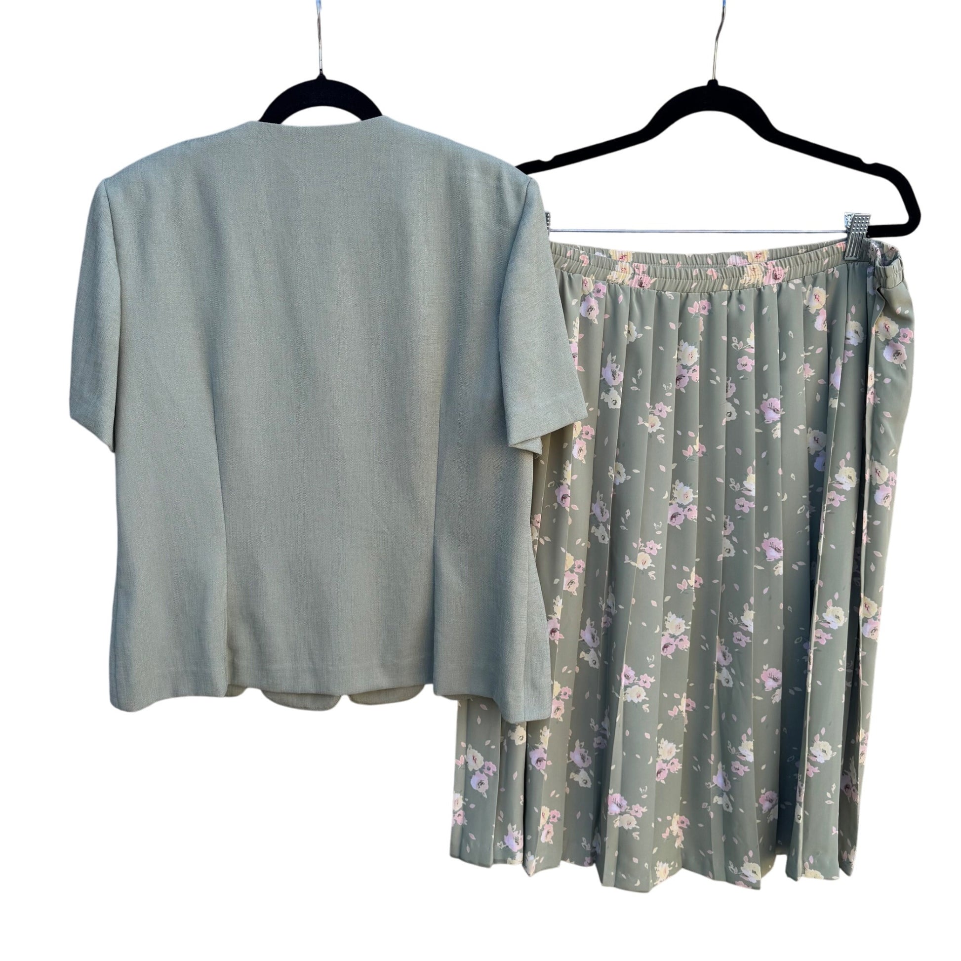 Leslie Fay Vintage Womens Green Floral Scalloped Blazer Flowy Skirt Scarf Suit 14