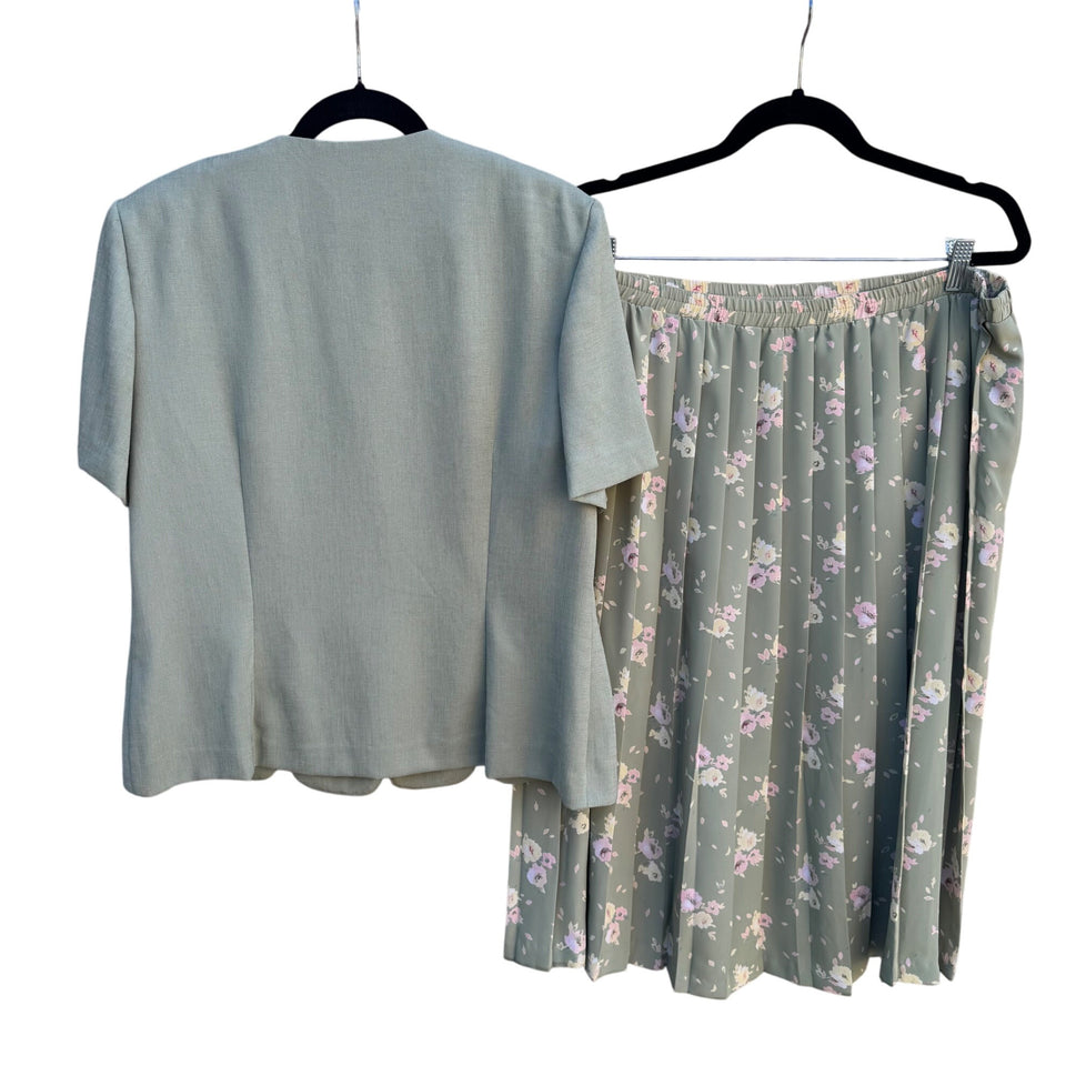 Leslie Fay Vintage Womens Green Floral Scalloped Blazer Flowy Skirt Scarf Suit 14