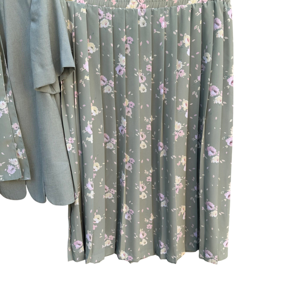 Leslie Fay Vintage Womens Green Floral Scalloped Blazer Flowy Skirt Scarf Suit 14