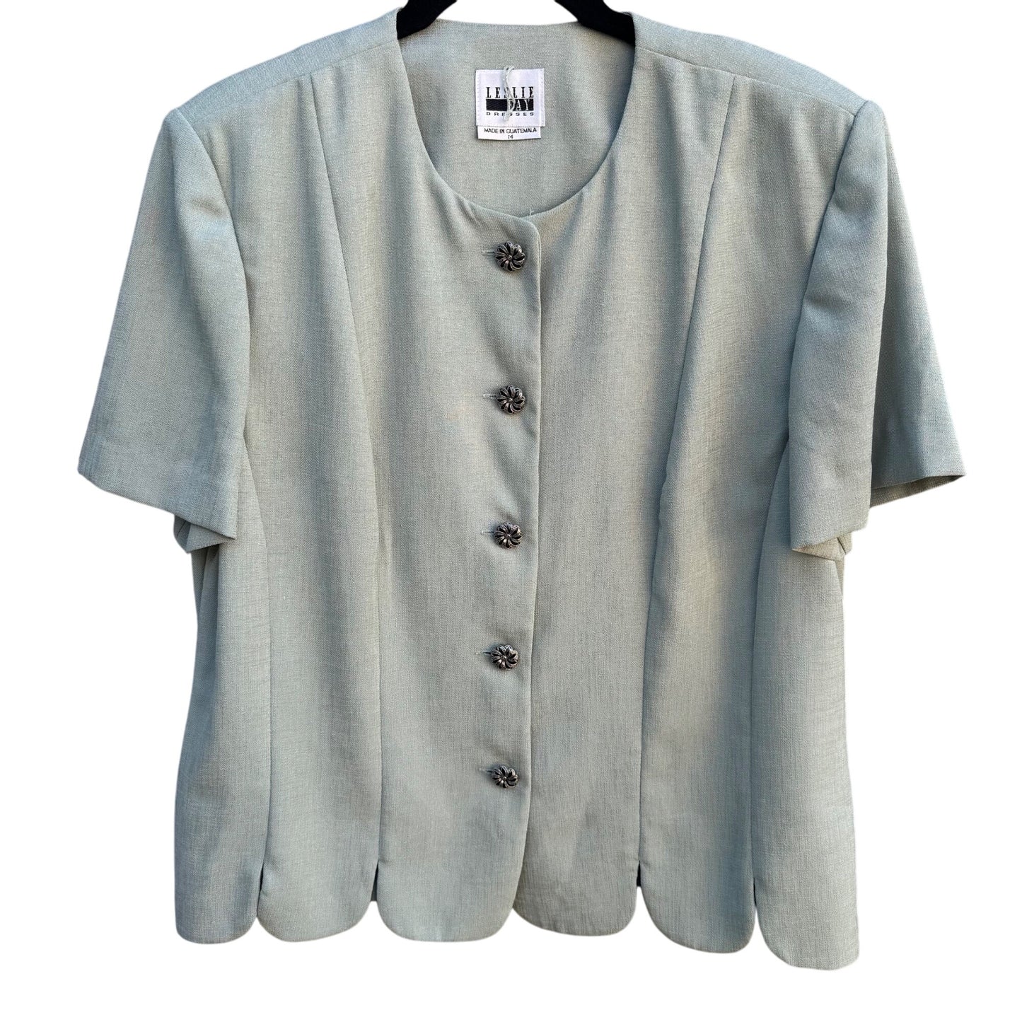 Leslie Fay Vintage Womens Green Floral Scalloped Blazer Flowy Skirt Scarf Suit 14