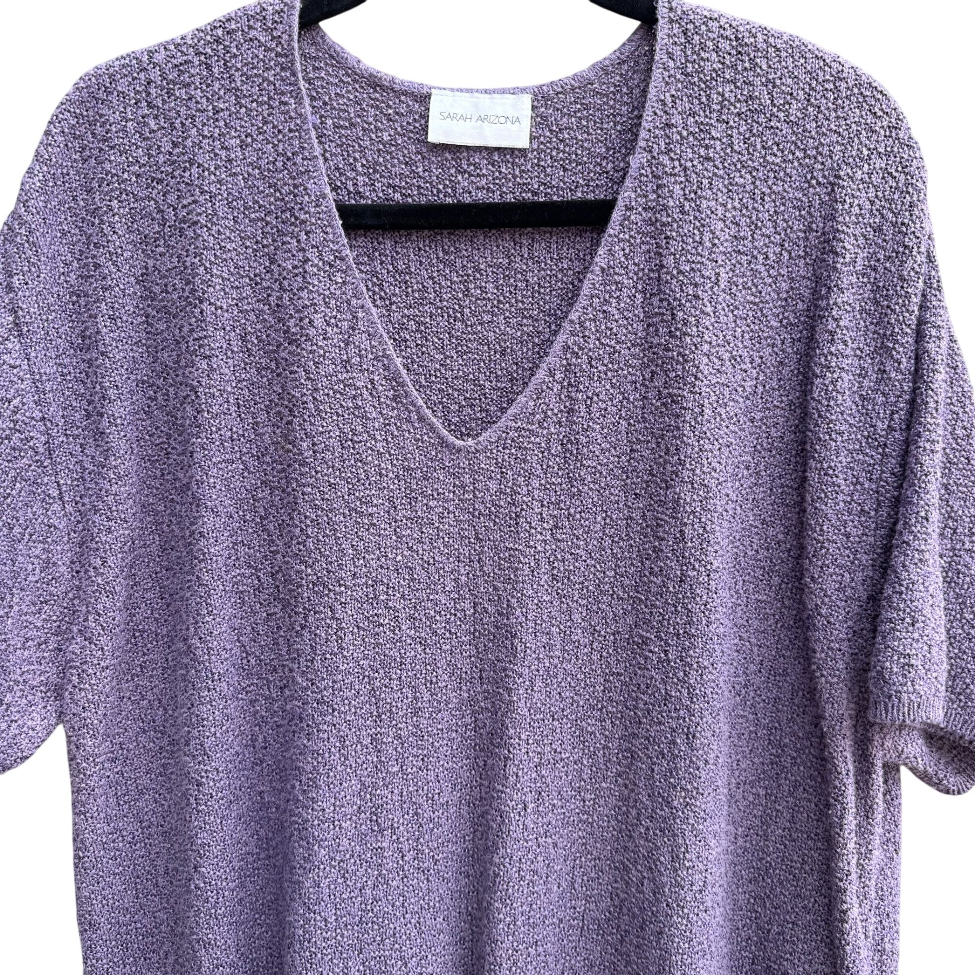 Sarah Arizona V-Neck Purple Textured Pullover Short Sleeve Cottage Knit Sweater