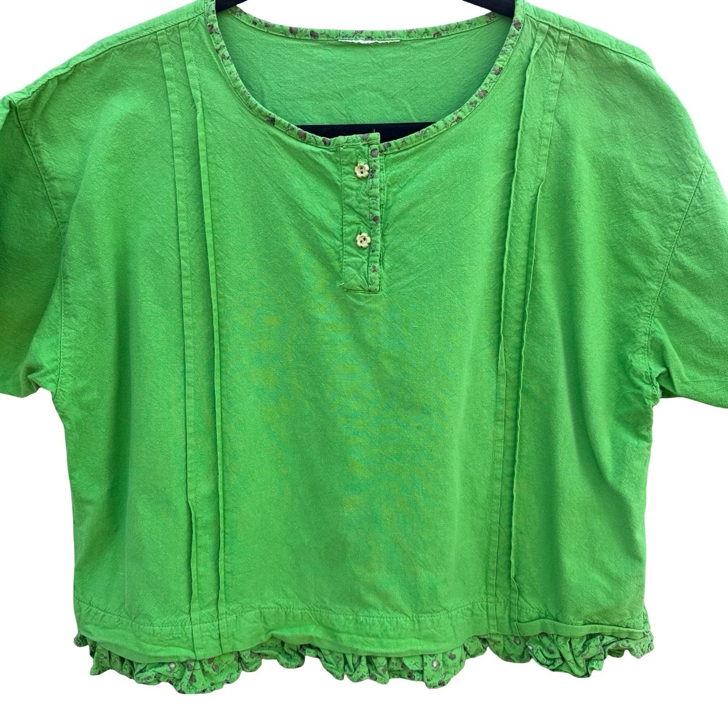 Vintage 90s Cropped Ruffle Hem Lime Pintuck Cottagecore Top Fairy Boho Peasant