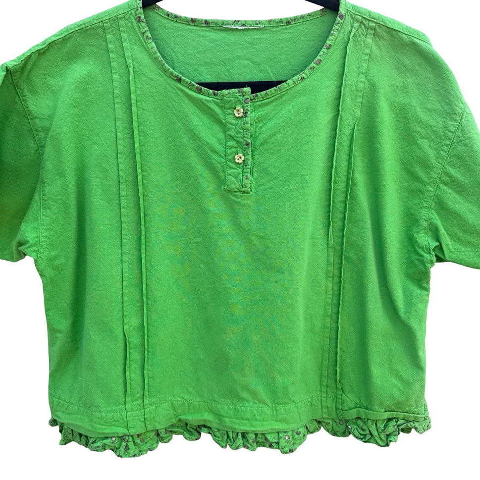 Vintage 90s Cropped Ruffle Hem Lime Pintuck Cottagecore Top Fairy Boho Peasant
