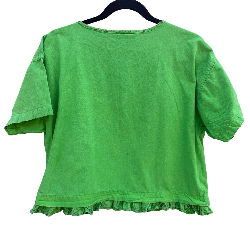 Vintage 90s Cropped Ruffle Hem Lime Pintuck Cottagecore Top Fairy Boho Peasant