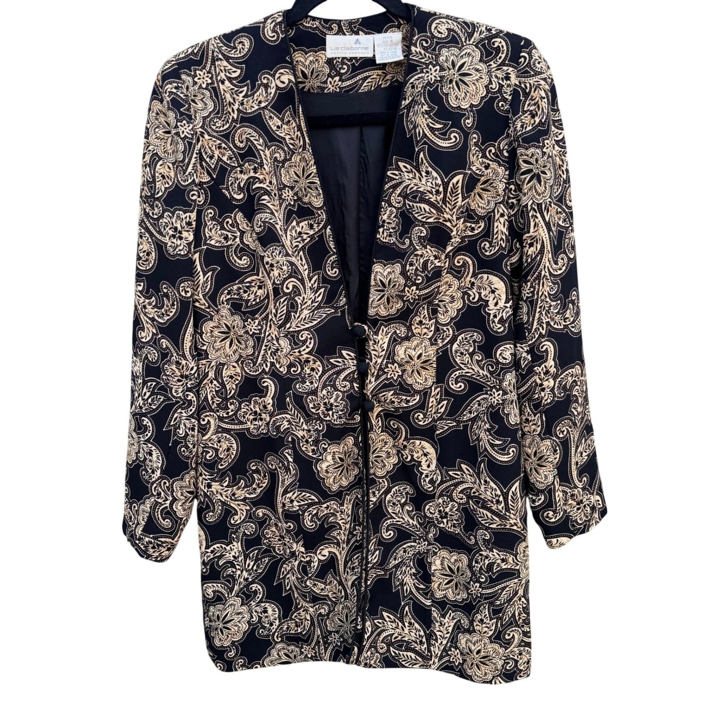 Liz Claiborne Petite Blazer Jacket Black Tan Floral Paisley Frog Button Size 4P
