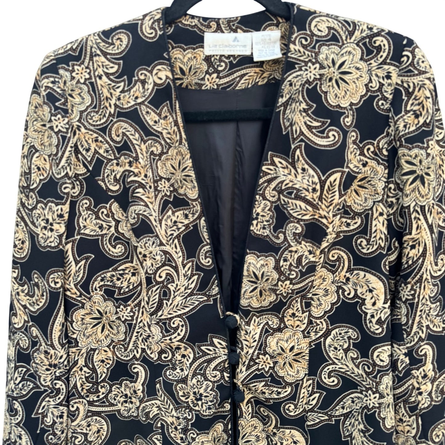 Liz Claiborne Petite Blazer Jacket Black Tan Floral Paisley Frog Button Size 4P