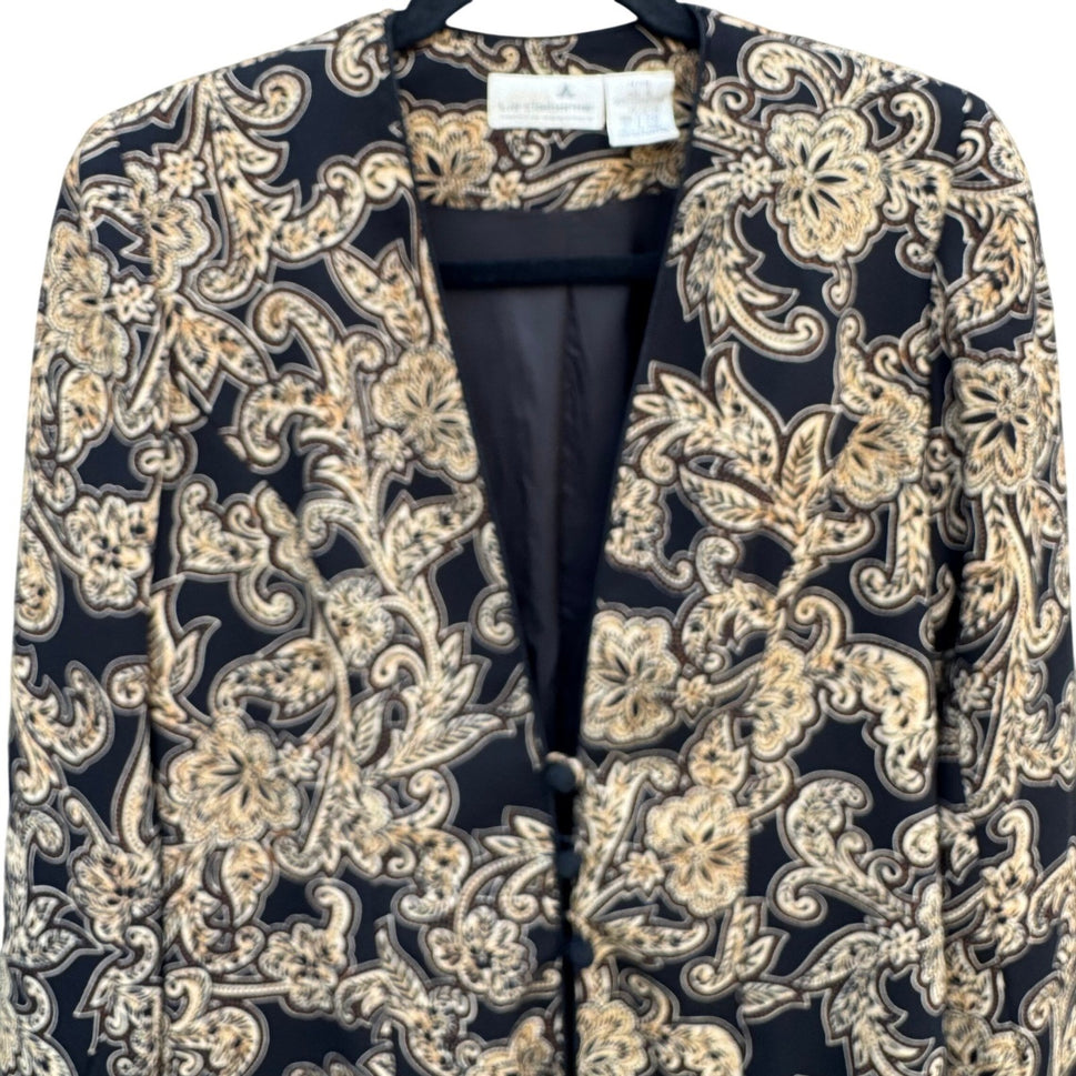 Liz Claiborne Petite Blazer Jacket Black Tan Floral Paisley Frog Button Size 4P