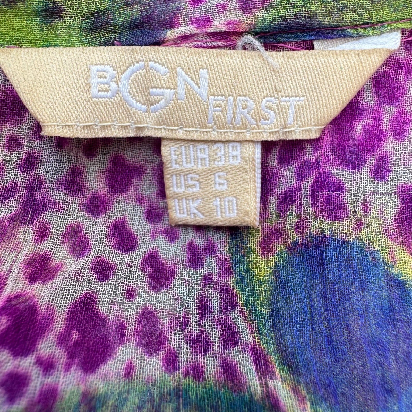 BGN First Y2K Silk Boho Abstract Semi Sheer Tie Neck Blouson Mini Dress Purple 6