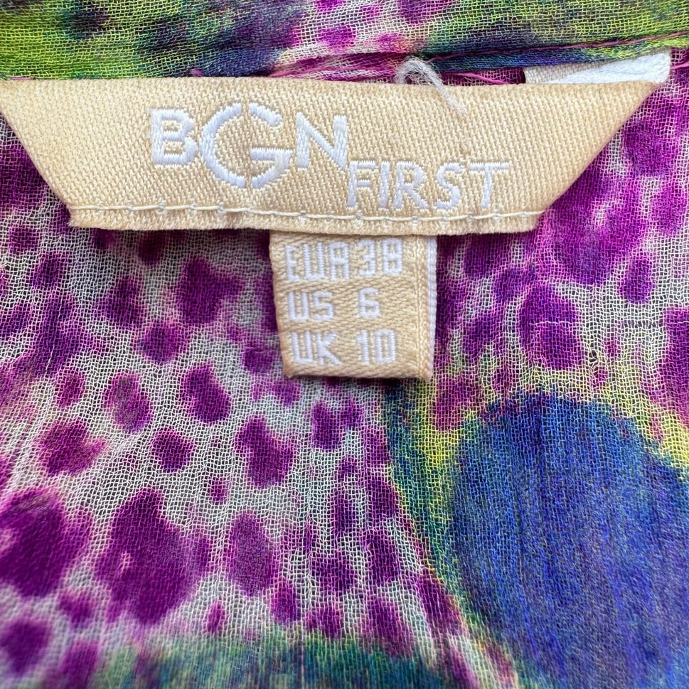BGN First Y2K Silk Boho Abstract Semi Sheer Tie Neck Blouson Mini Dress Purple 6