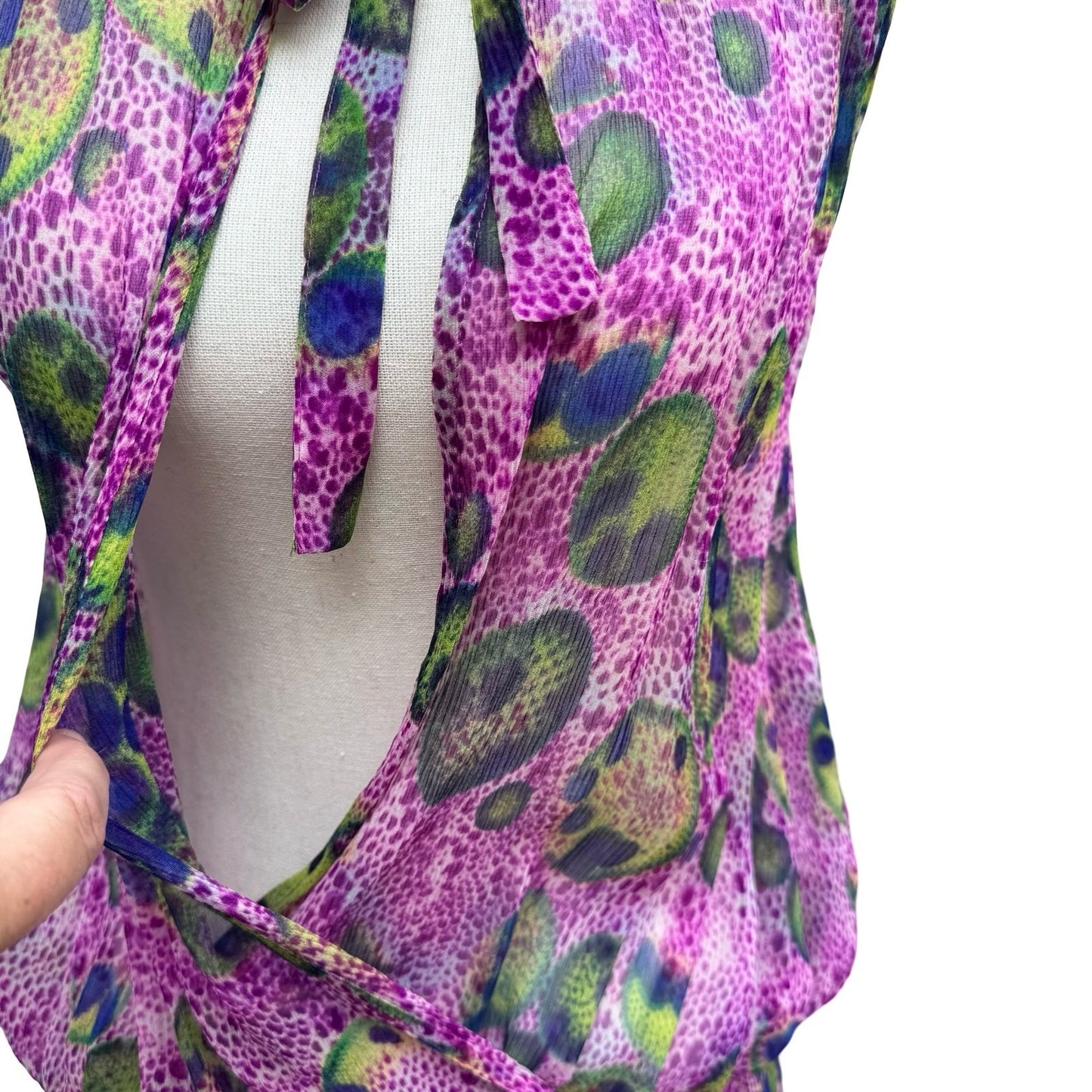 BGN First Y2K Silk Boho Abstract Semi Sheer Tie Neck Blouson Mini Dress Purple 6