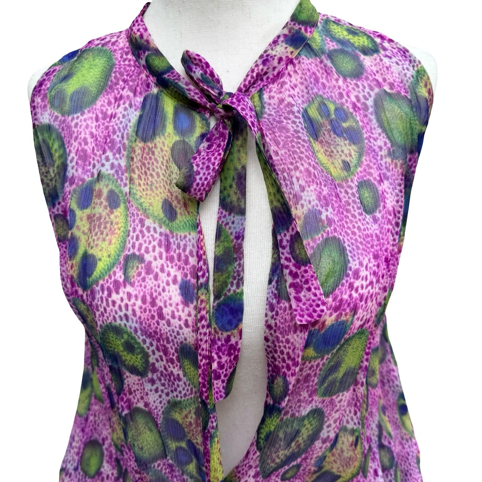 BGN First Y2K Silk Boho Abstract Semi Sheer Tie Neck Blouson Mini Dress Purple 6