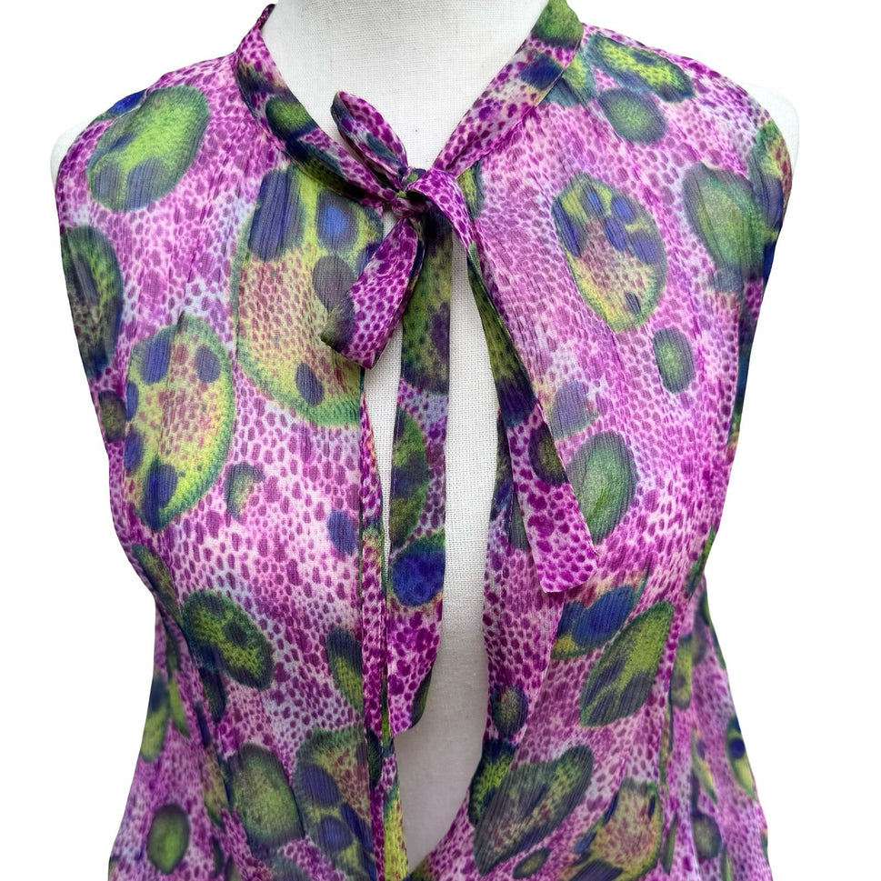 BGN First Y2K Silk Boho Abstract Semi Sheer Tie Neck Blouson Mini Dress Purple 6
