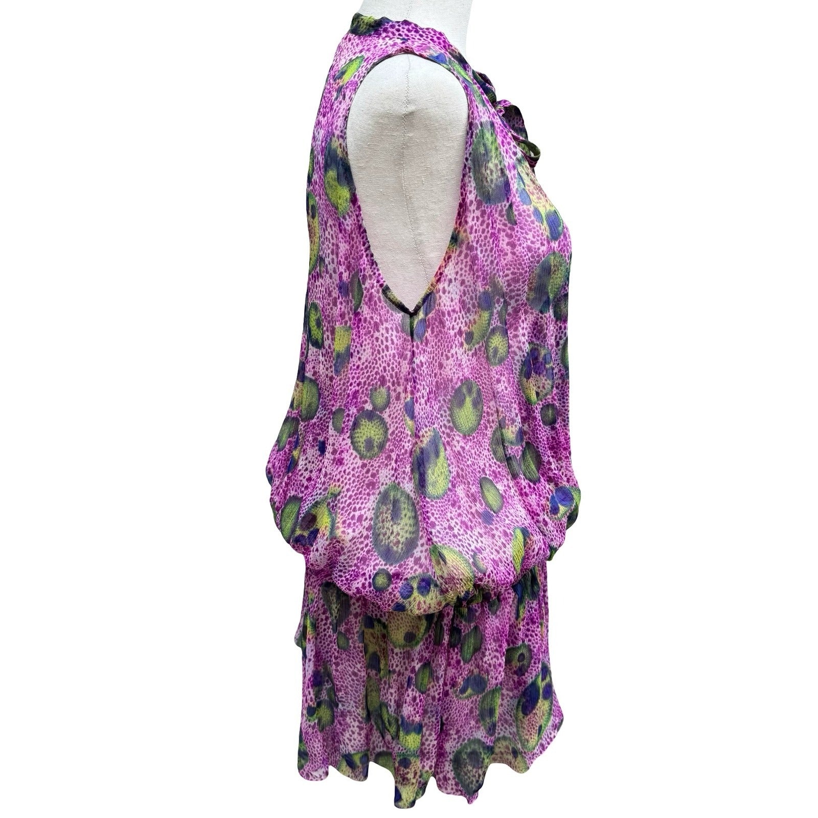 BGN First Y2K Silk Boho Abstract Semi Sheer Tie Neck Blouson Mini Dress Purple 6